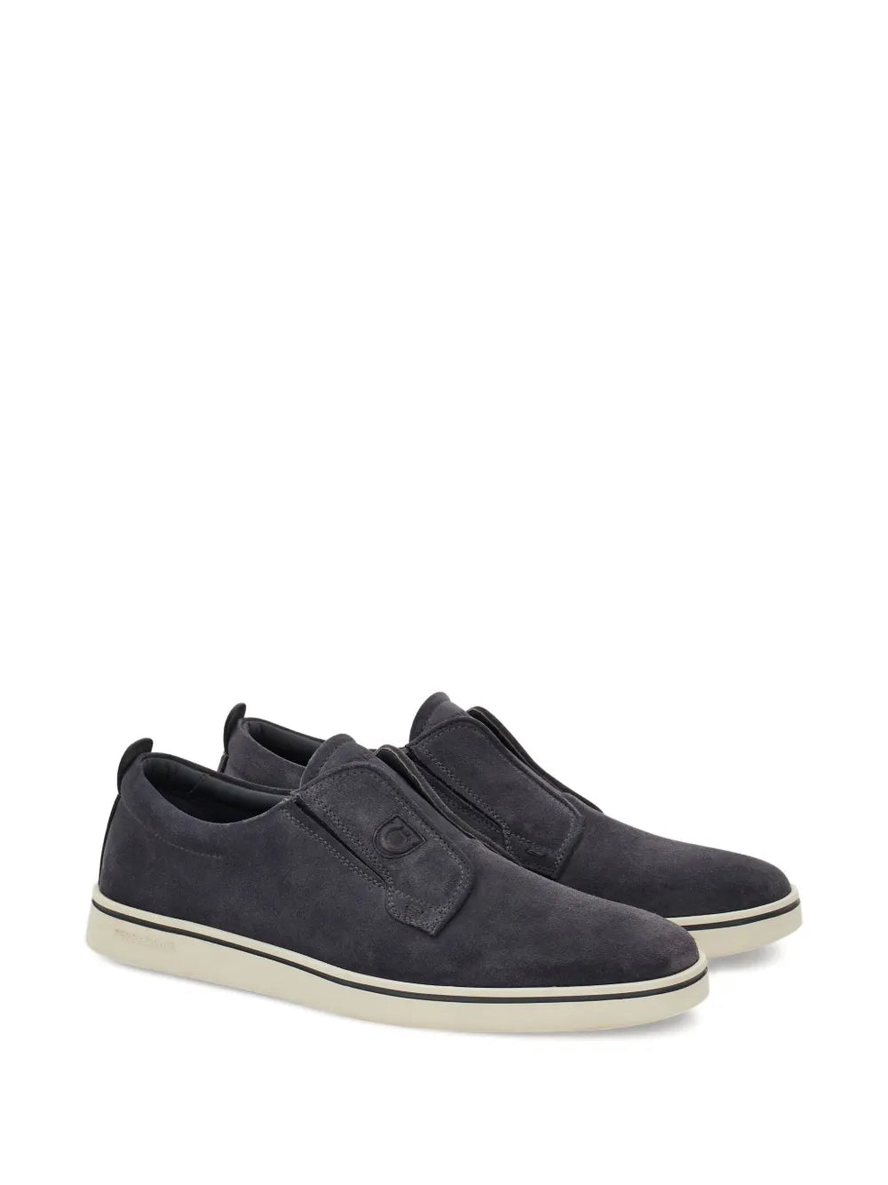 Ferragamo dark grey suede slip-on sneakers with low profile and beige rubber sole