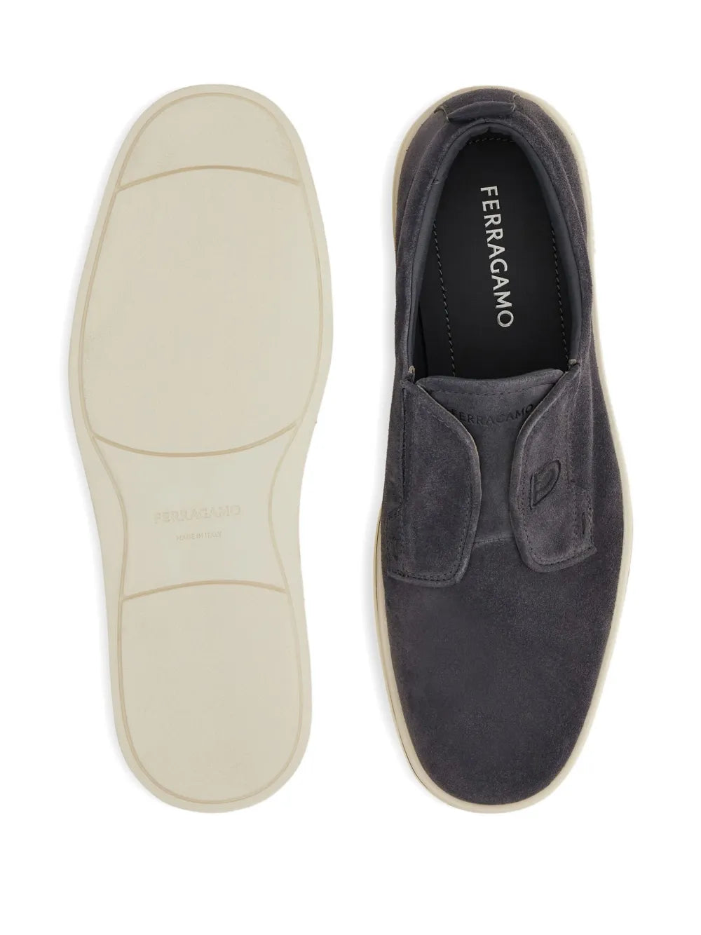 Ferragamo slip-on sneakers: beige outsole and dark grey interior with Ferragamo logo