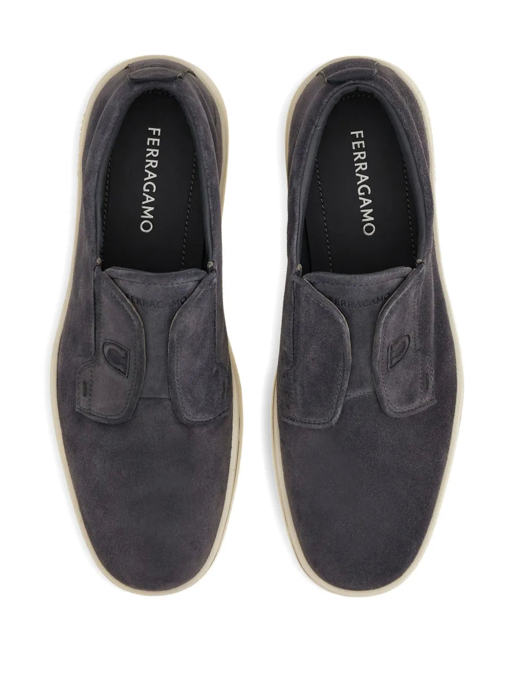 Ferragamo dark grey suede slip-on sneakers with Ferragamo heel branding