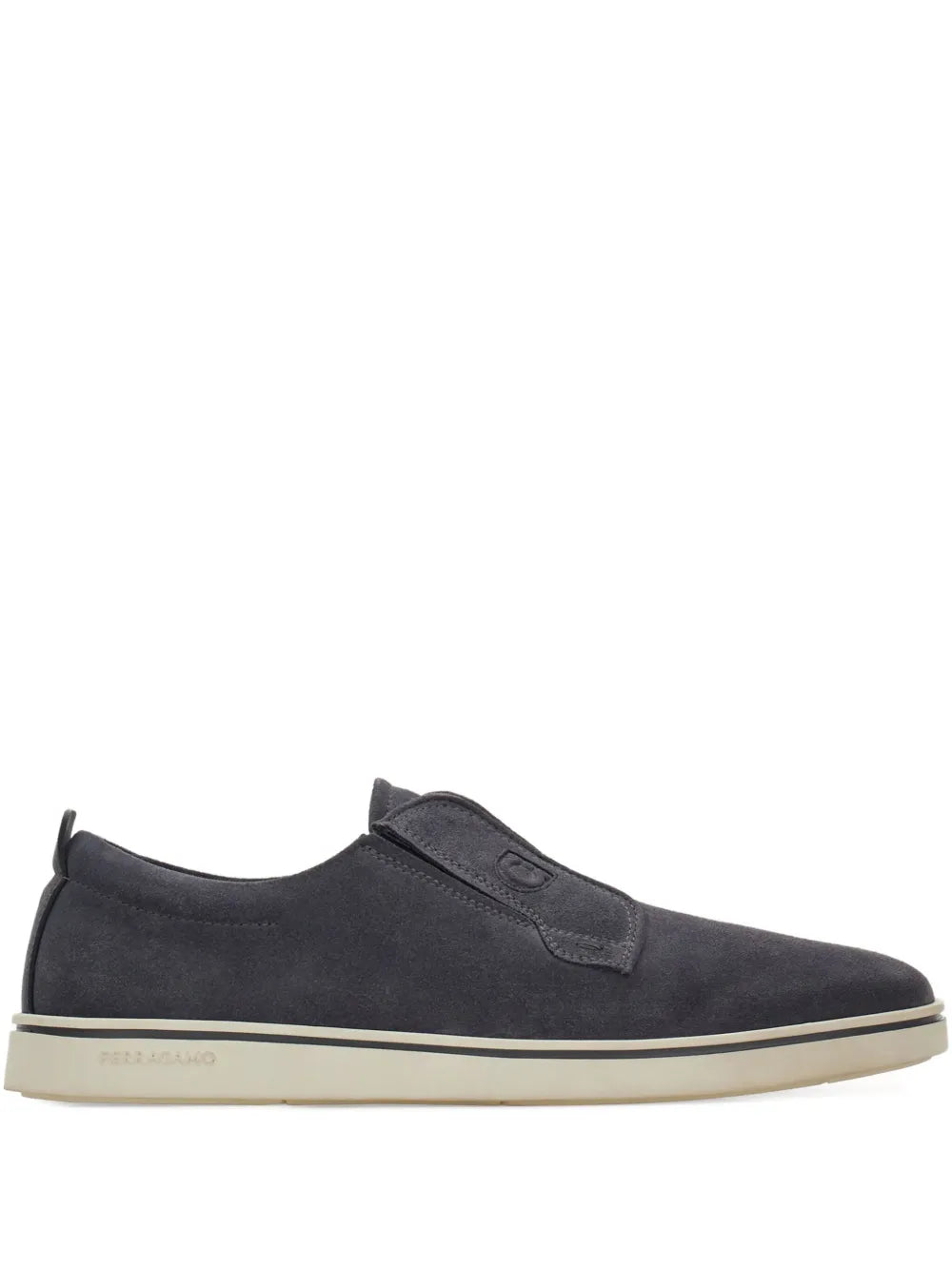 Ferragamo dark grey suede slip-on sneakers with side goring and logo strap