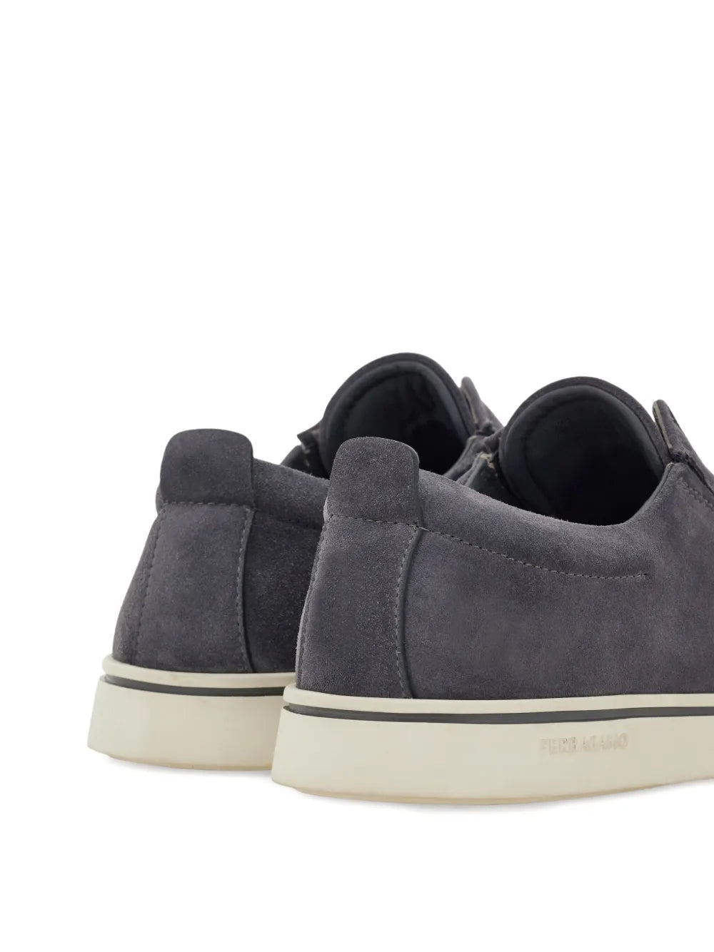 Ferragamo dark grey suede slip-on sneakers from back view with beige outsole