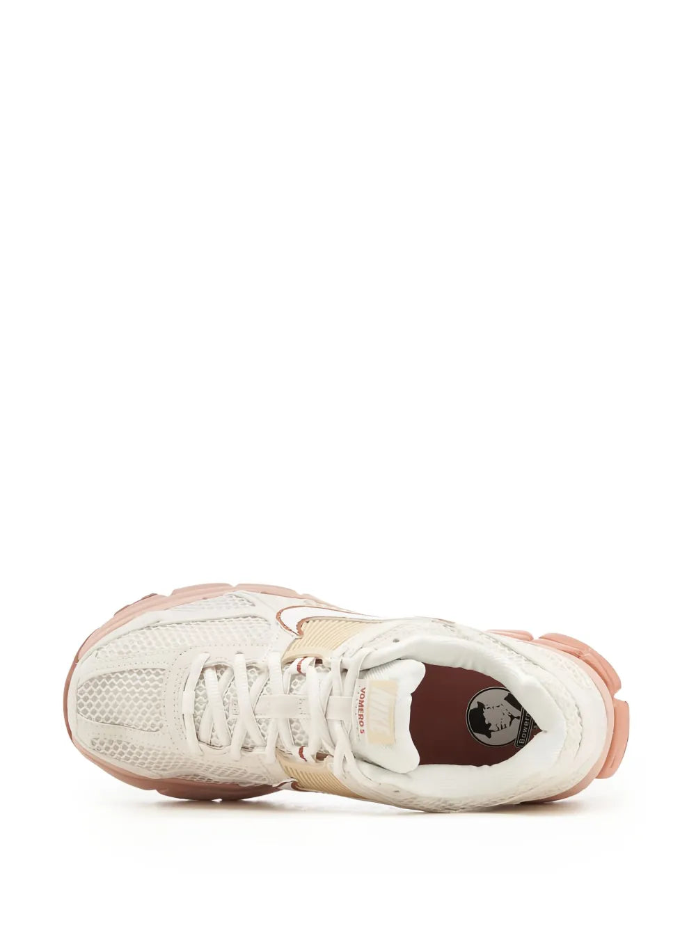 Lace-up running sneakers with cream mesh upper and orange trim, open collar