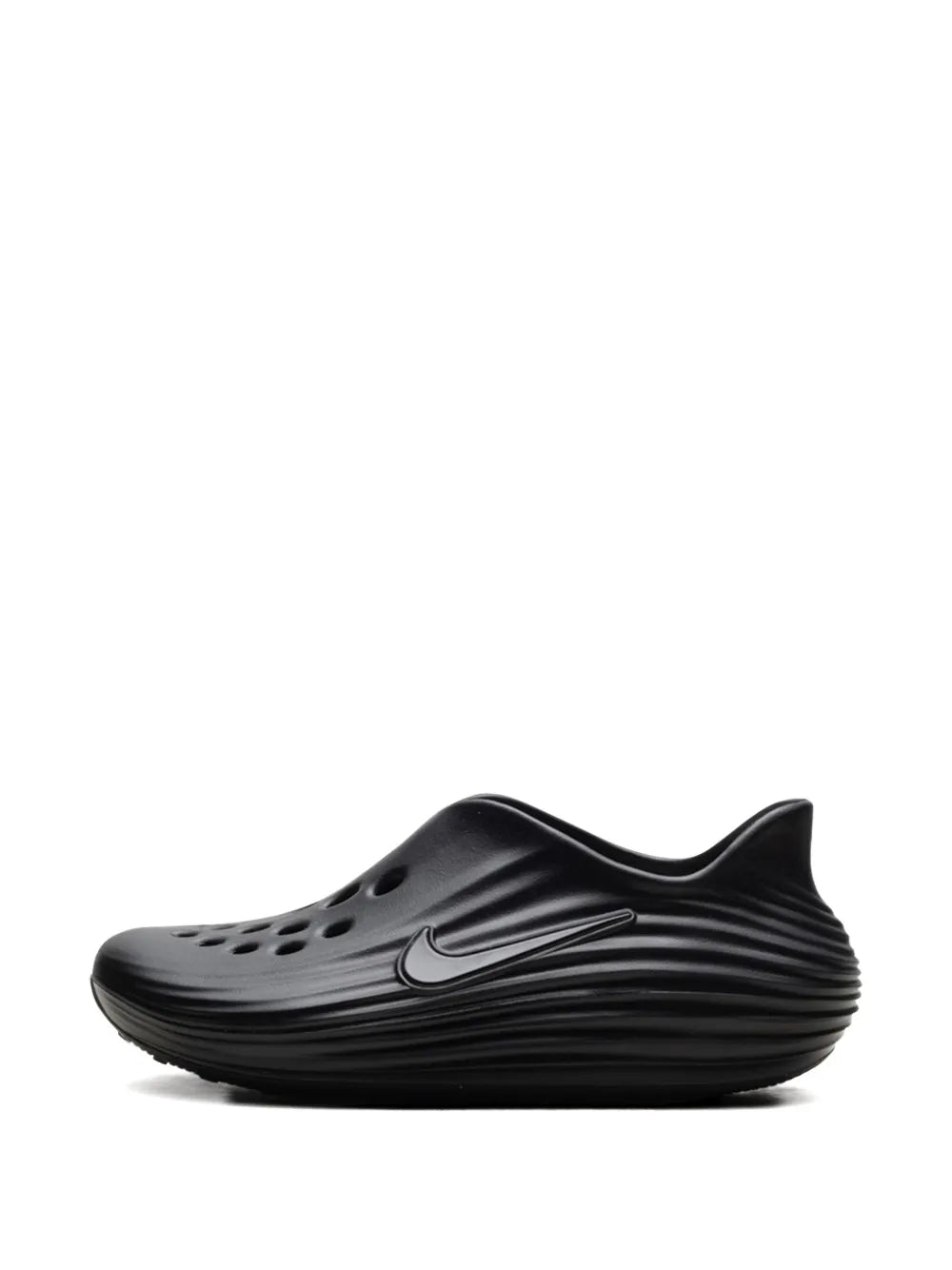 Women's black slip-on clog shoe with Nike Swoosh and perforated upper