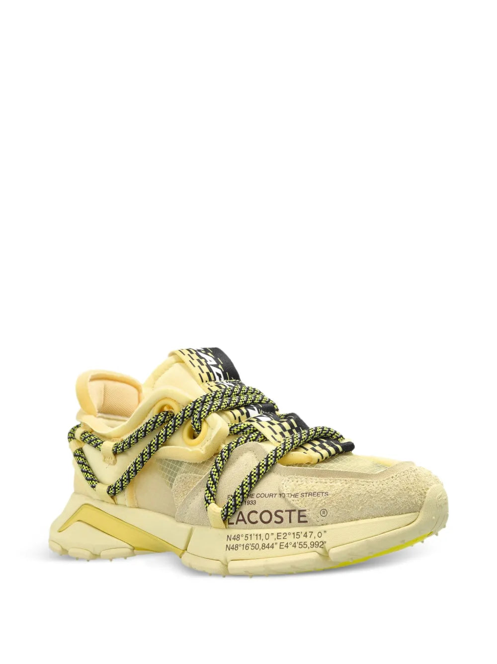 Yellow Lacoste mesh-panel sneakers with patterned green laces and side logo