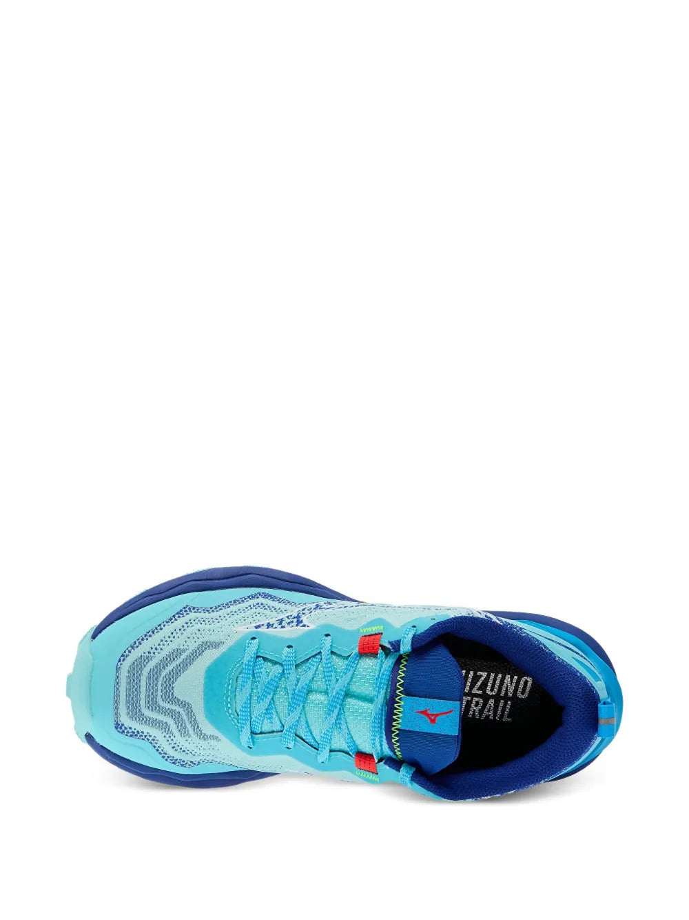 Trail running shoe side view with lace-up front and blue TRAIL logo