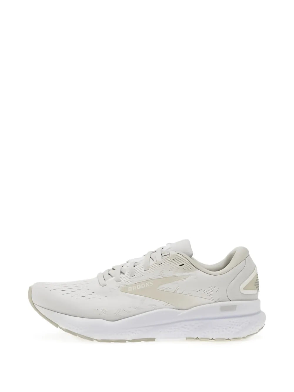 White running shoes with lace-up closure and beige stripe detail