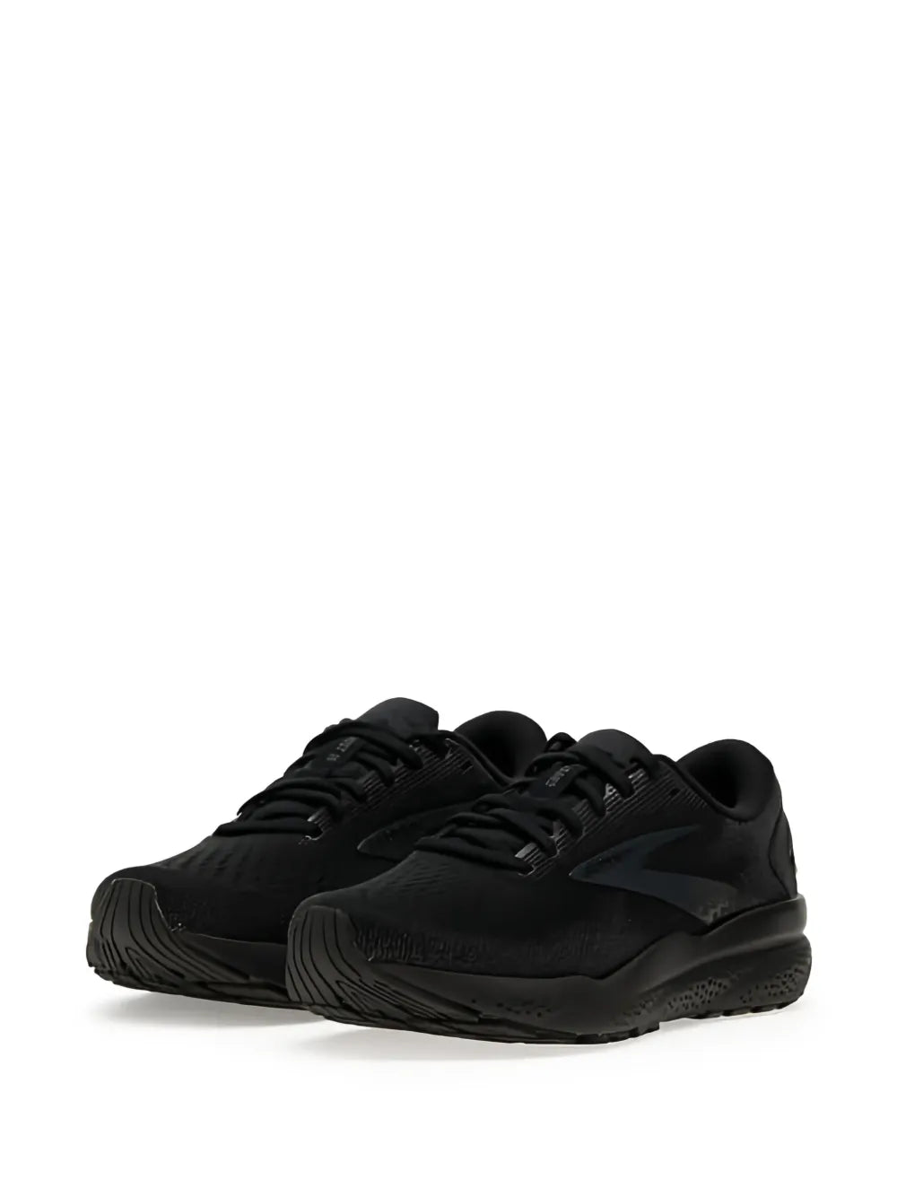 Black running shoes with lace-up closure, cushioned midsole, and textured outsole