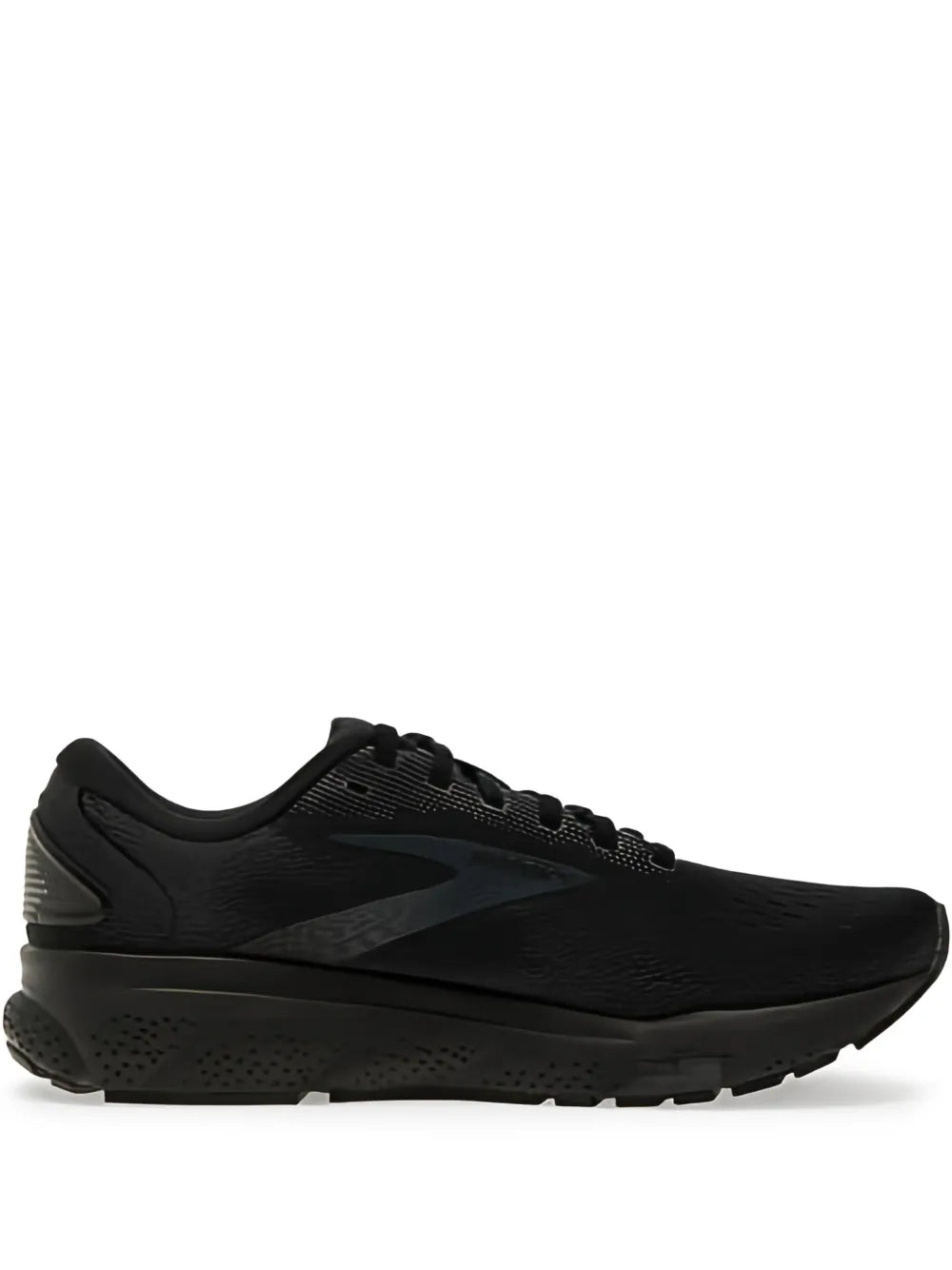 Black running shoe with mesh upper, lace-up front, and dark side logo panel