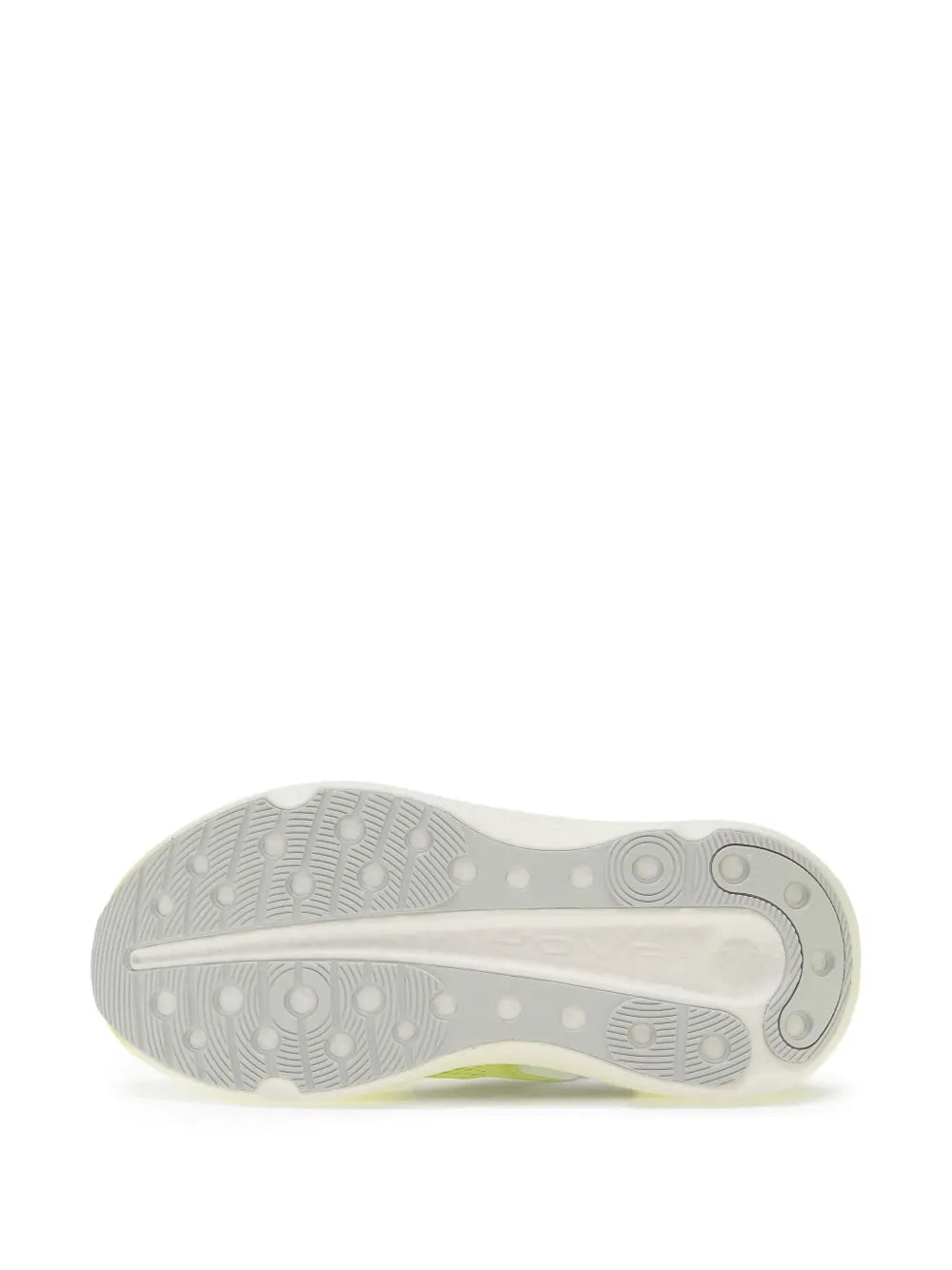 Lime green running shoe outsole, gray tread with pale green sidewall