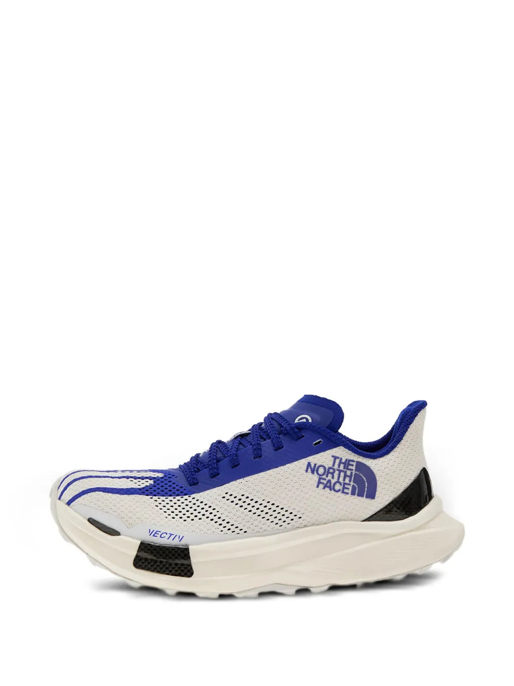 White and blue lace-up trail sneaker with breathable perforated panels
