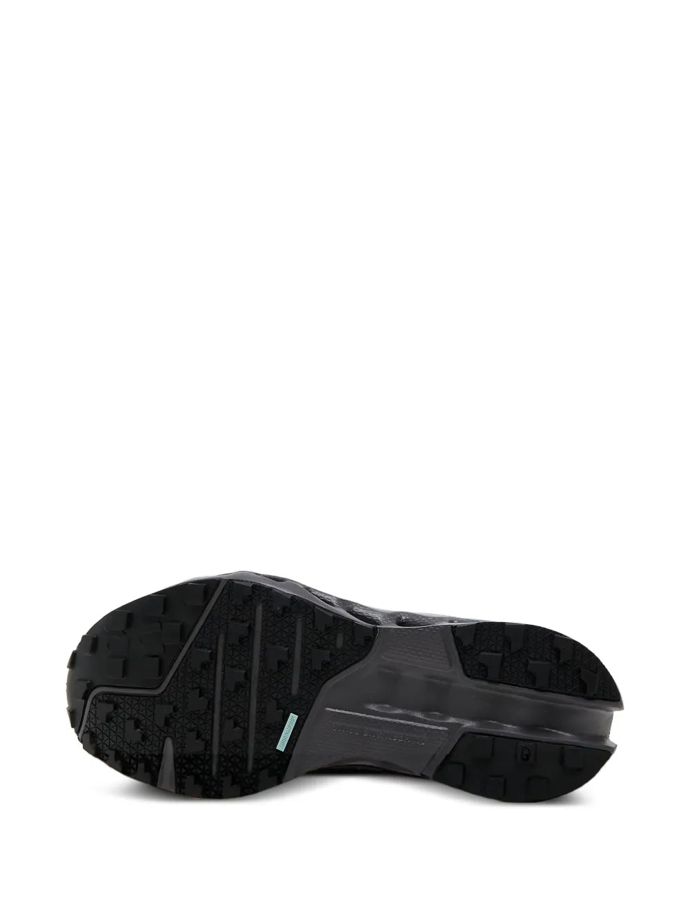 Trail shoes, dark black rubber outsole with rugged traction tread