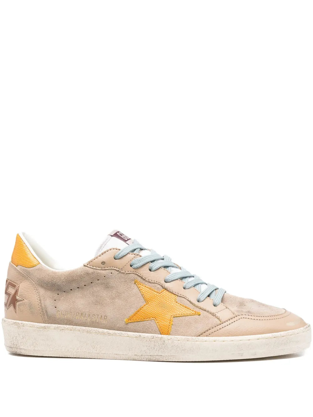 Low-top lace-up sneakers in beige suede with yellow star patch and light blue laces