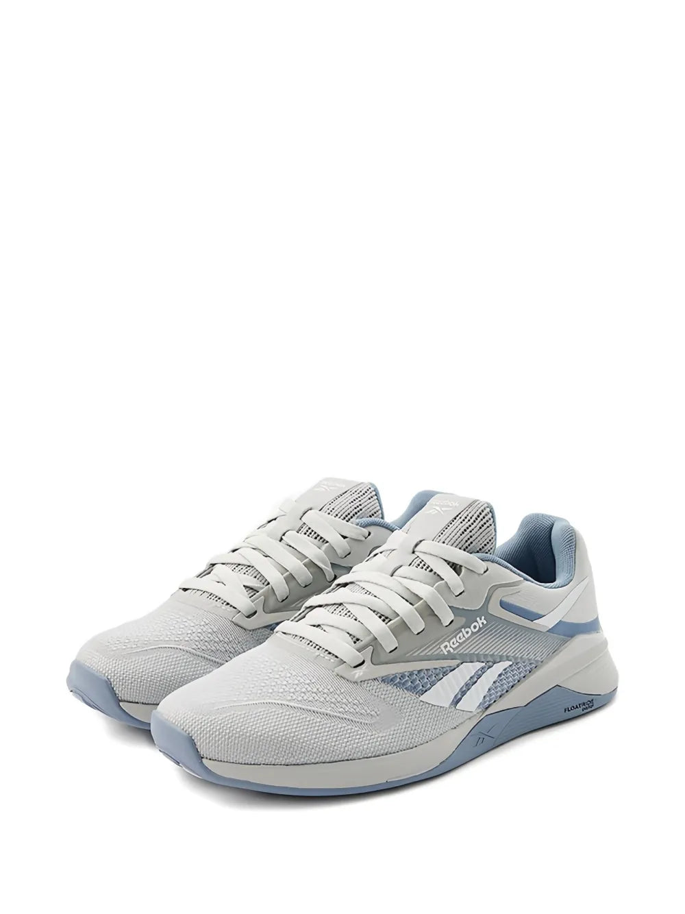 Reebok Nano X4 sneakers, white knit upper with blue accents, lace-up view