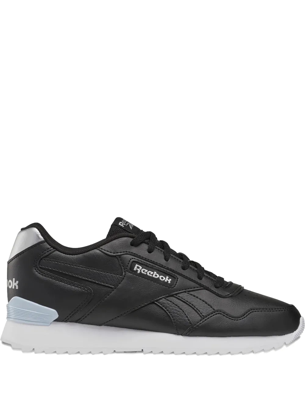 Black low-top Reebok sneaker with lace-up closure, side logo, and white sole