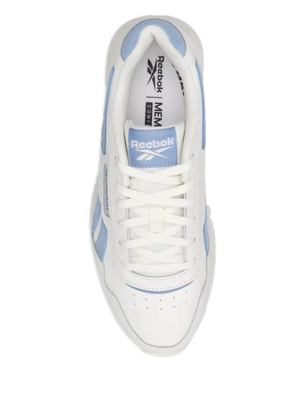 Reebok Glide sneaker front: white upper with blue tongue logo patch and laces