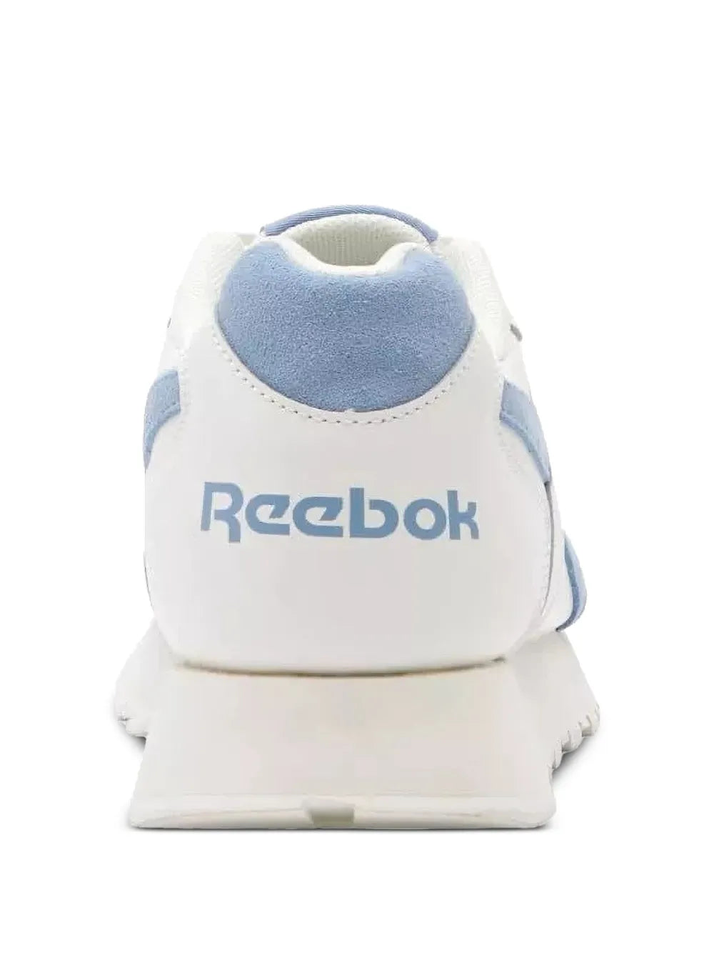 Reebok Glide sneaker heel: white leather with light-blue collar and Reebok logo