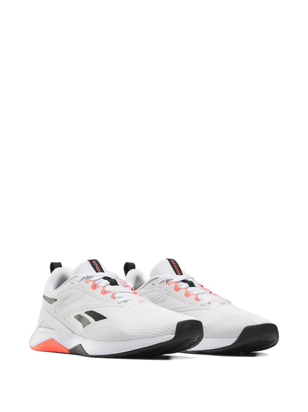 White Reebok Nanoflex TR 2 training shoes with black heel cap and orange accents
