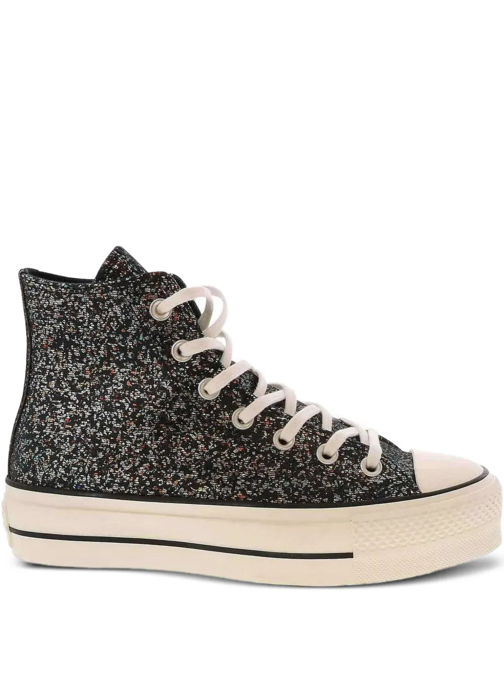 Glitter black high-top sneaker with white laces and white rubber toe cap