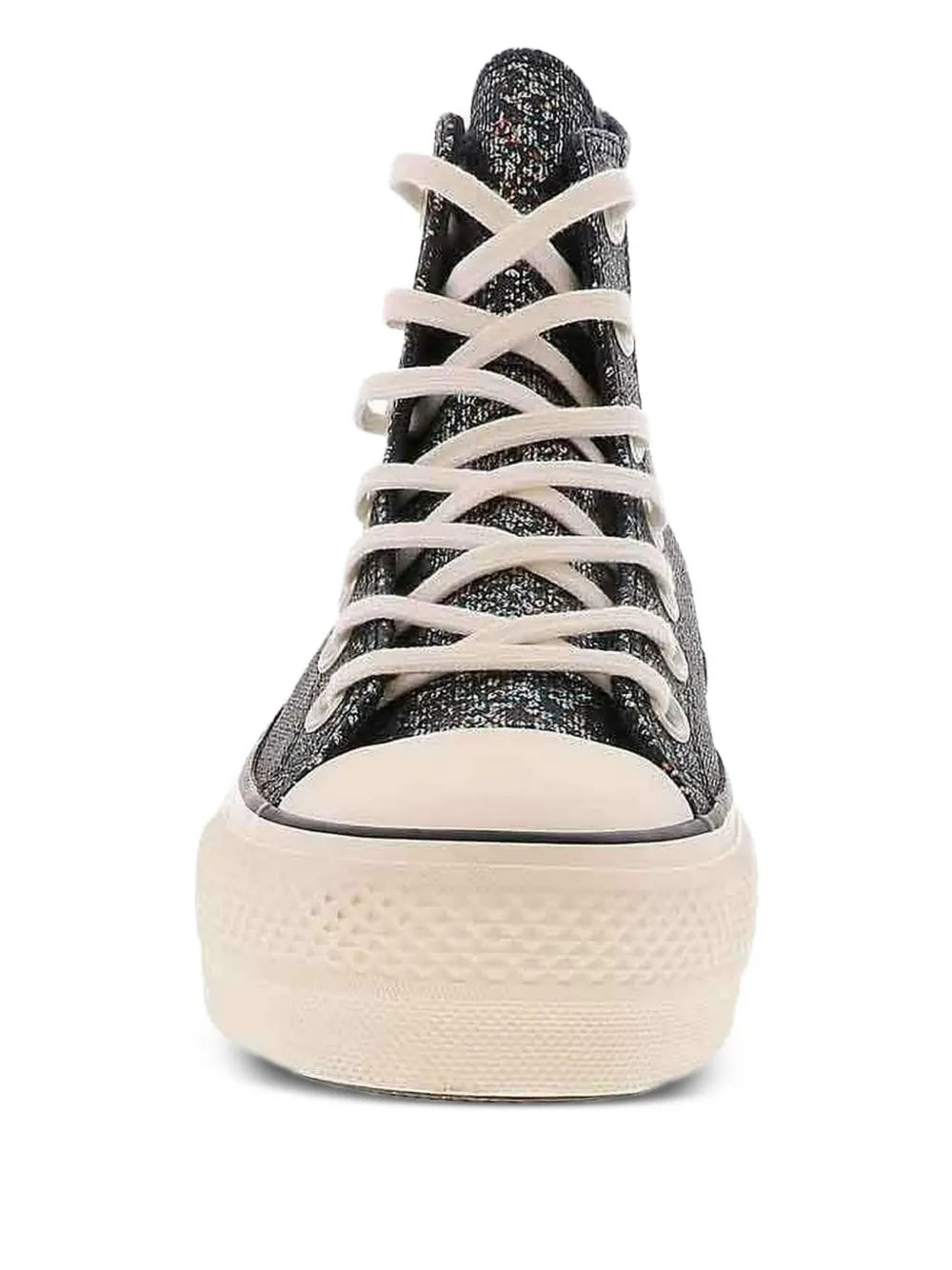 Glitter black high-top sneaker toe-on view with white laces and cushioned sole