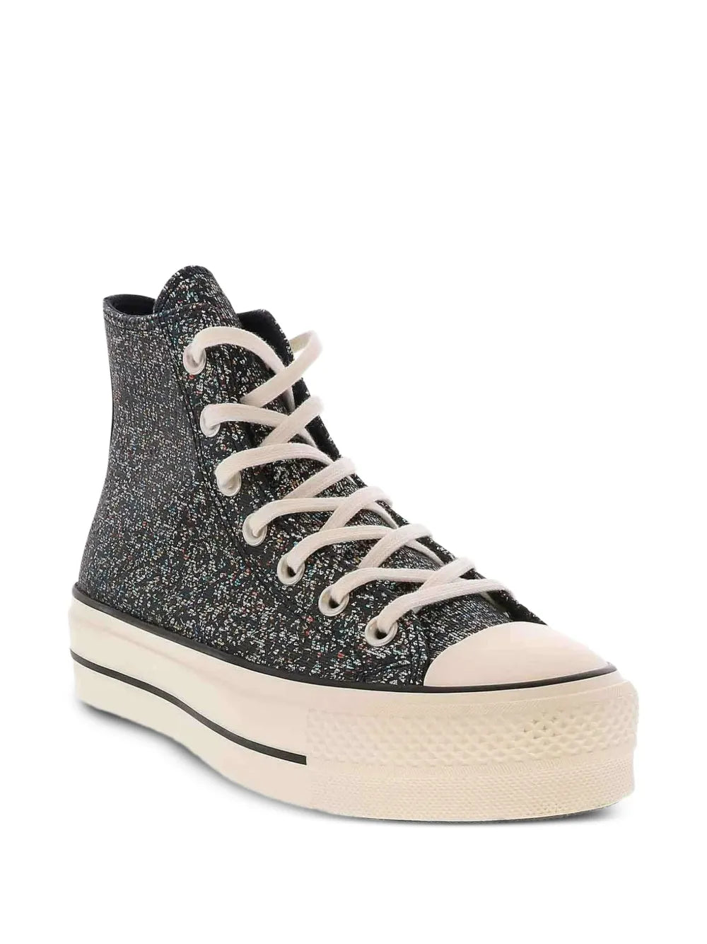Glitter black high-top sneaker angled side view with white laces and rubber sole