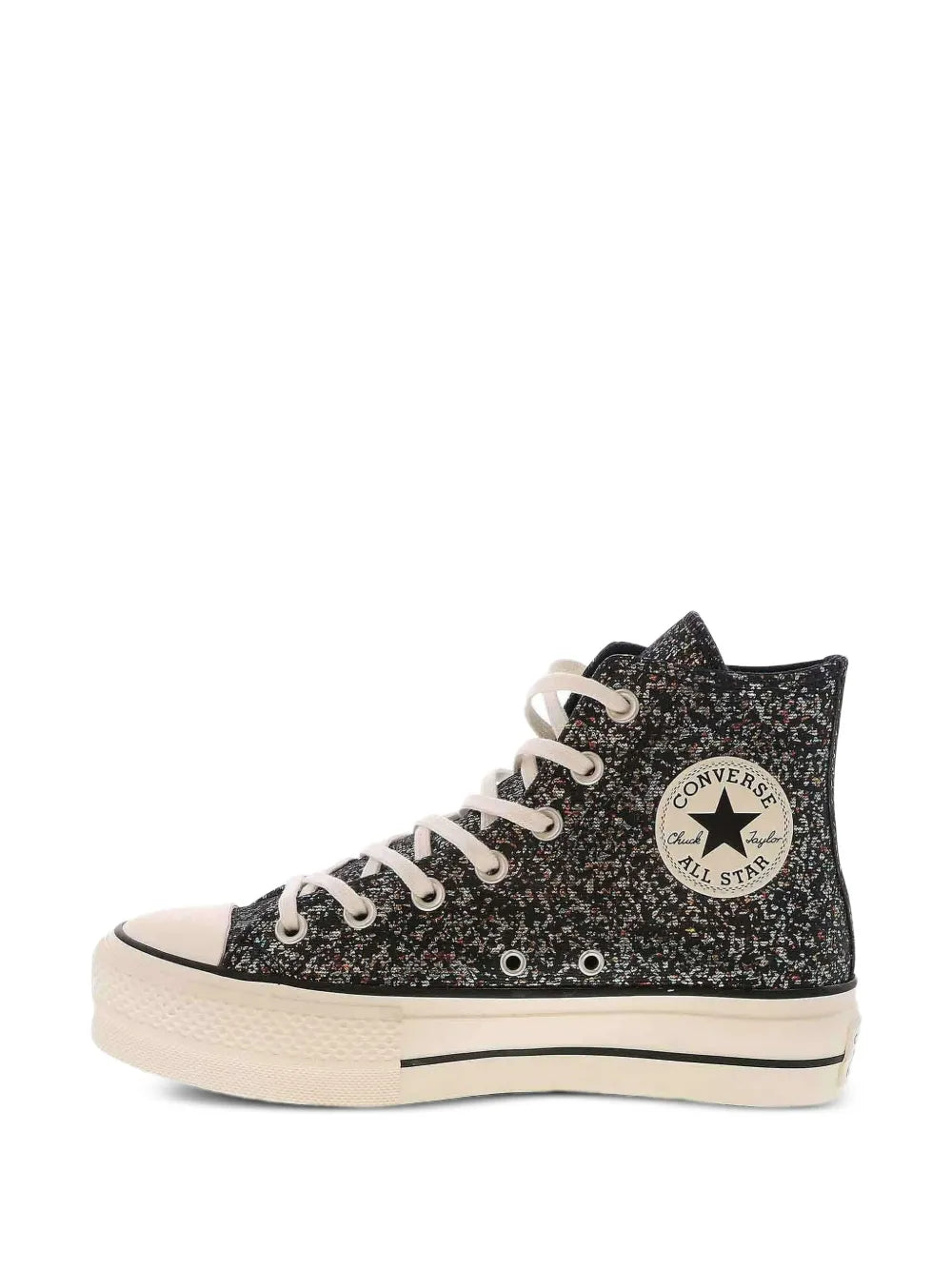 Glitter black high-top sneaker side view with Converse All Star patch and white laces