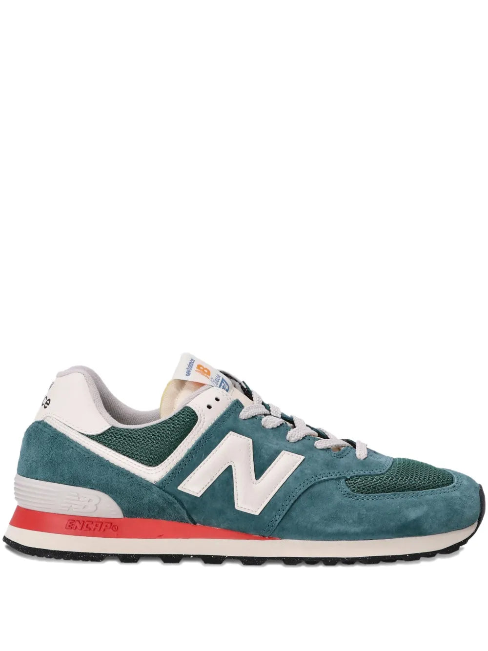 New Balance 574 sneakers in teal-green with white N and red midsole