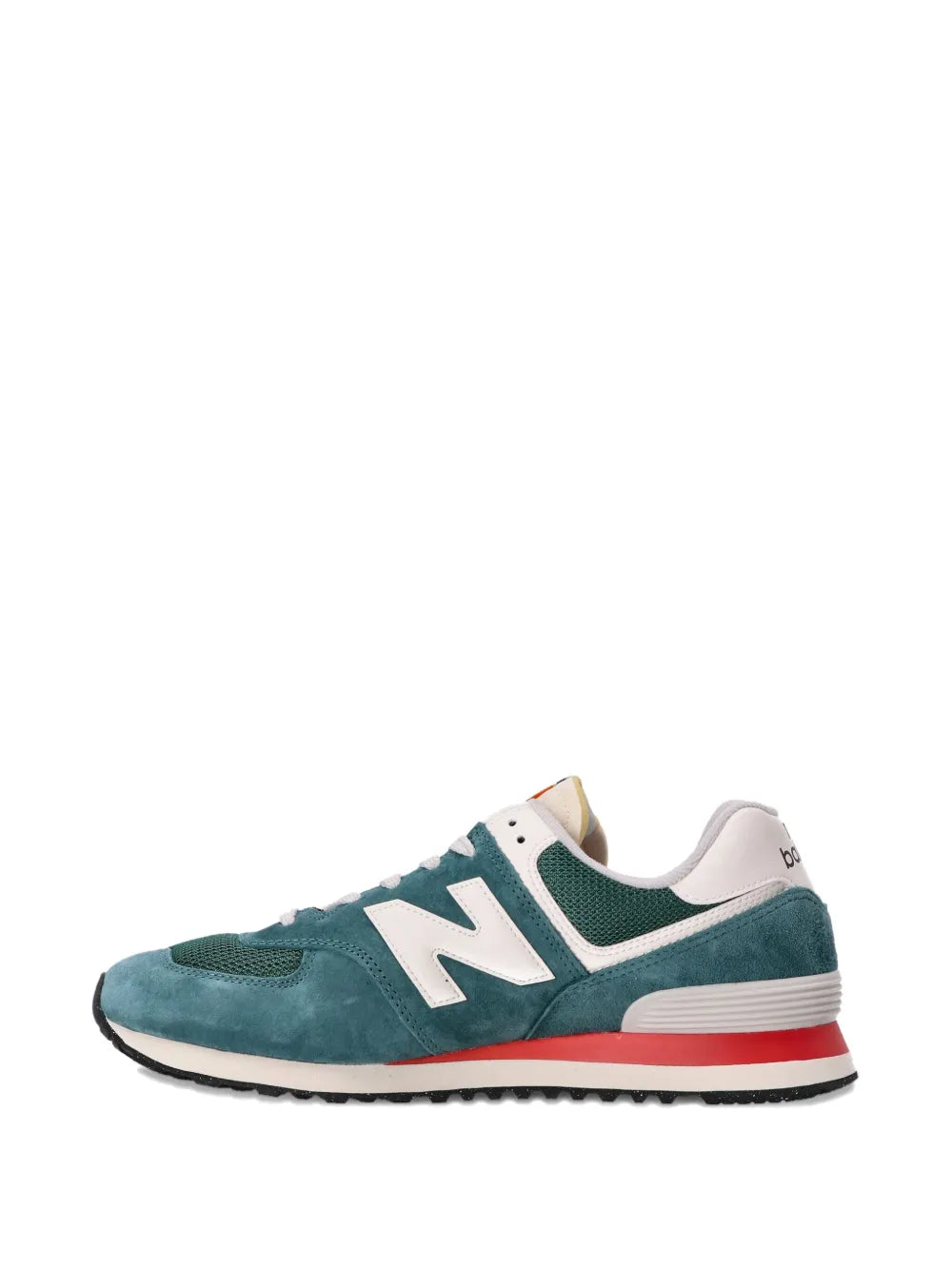 Teal-green low-top sneakers with white N logo and red midsole trim