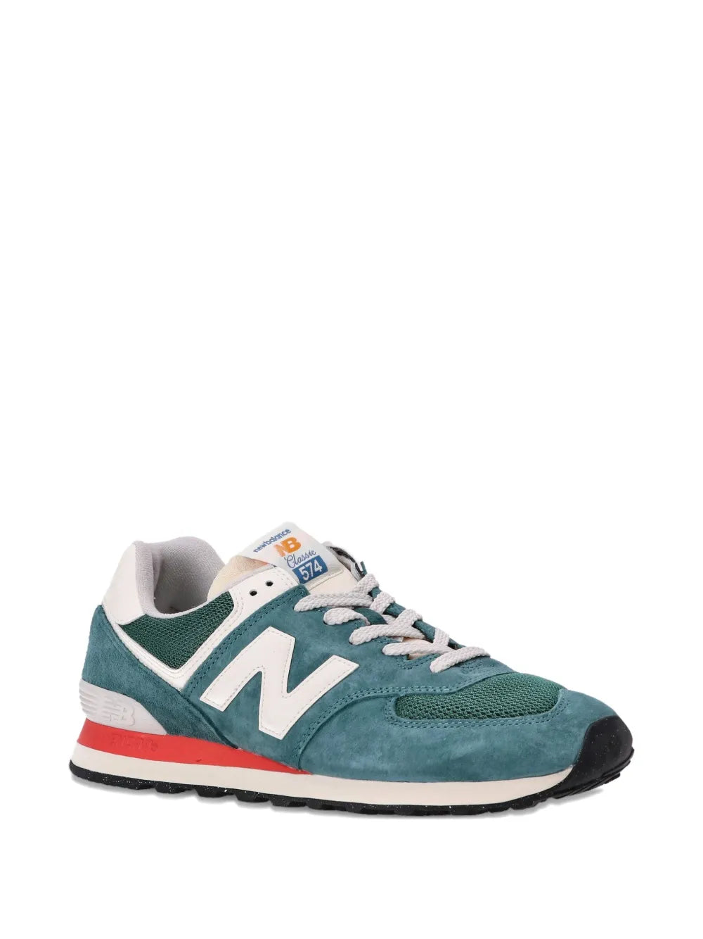 Teal-green lace-up sneakers with white side N logo and padded collar