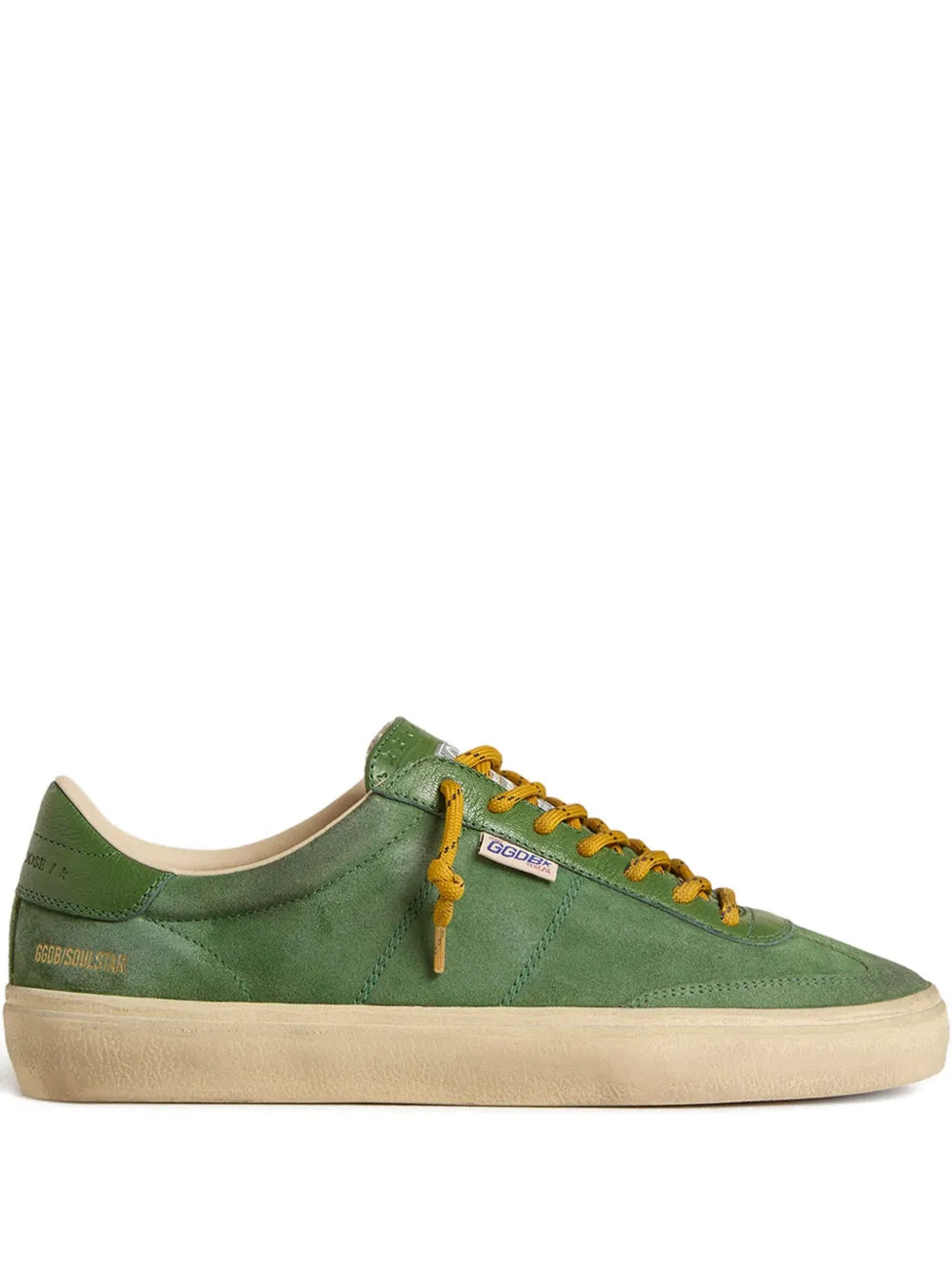 Golden Goose Soul Star green suede sneakers with tan rubber sole and yellow laces