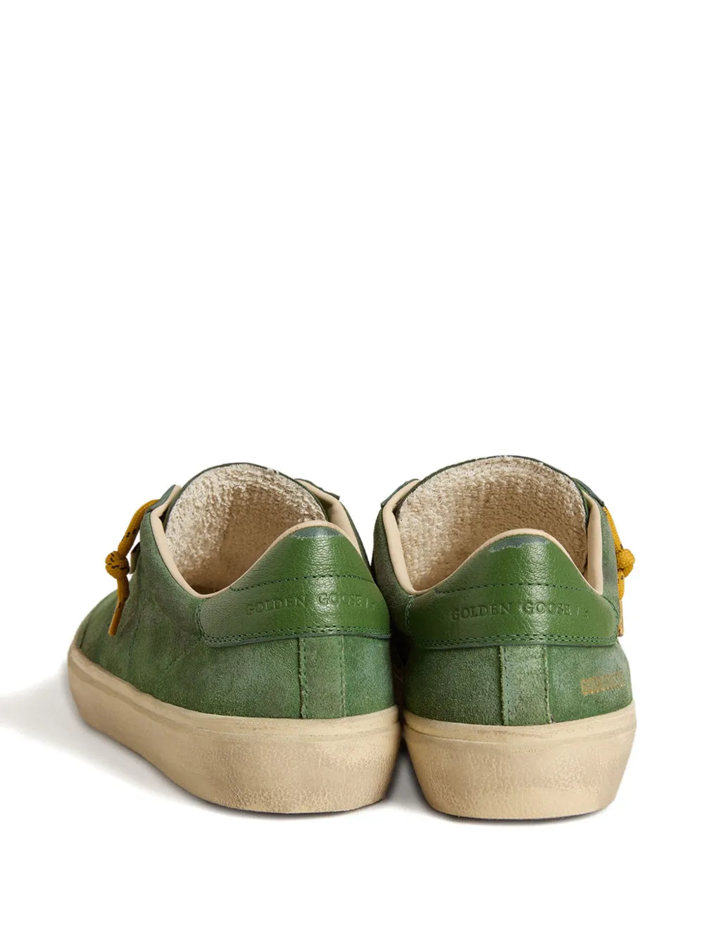 Golden Goose Soul Star green suede sneakers, rear view, tan sole and yellow laces
