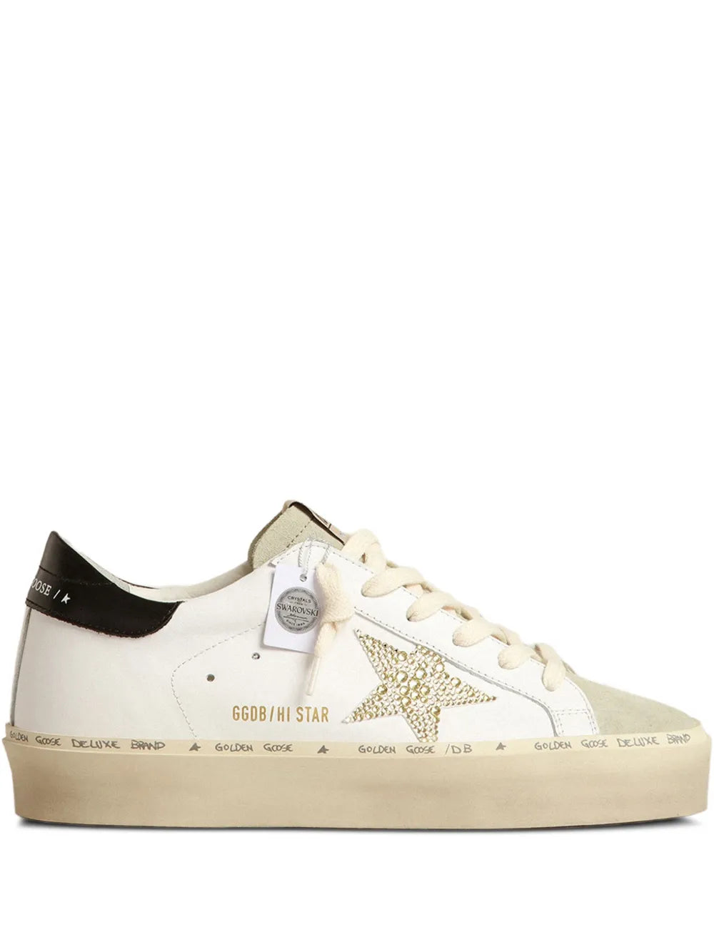 White high-top leather sneaker, gold star detail, lace-up, cream sole