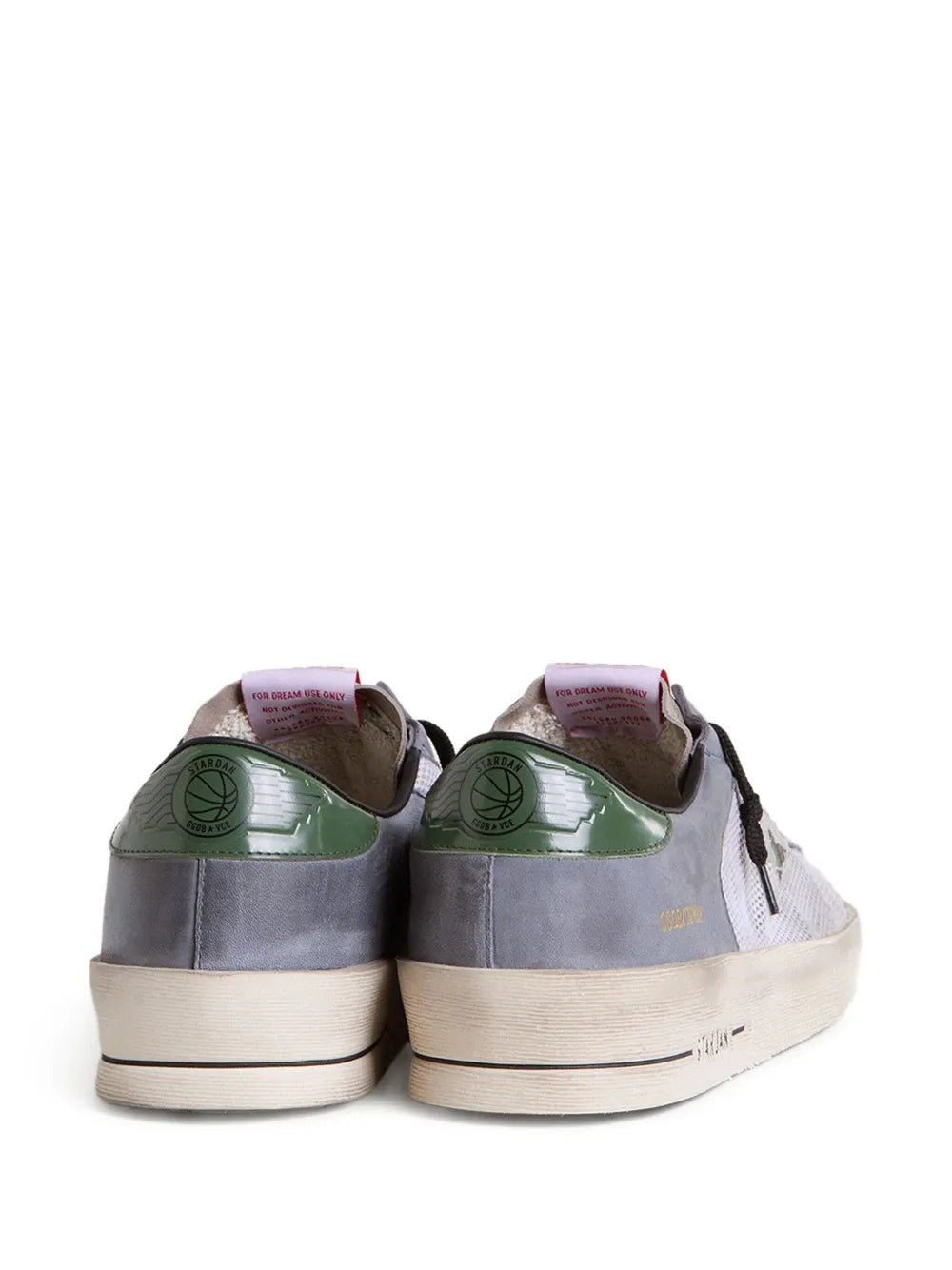 Golden Goose Stardan low-top sneakers, heel view with green back panels and light blue upper