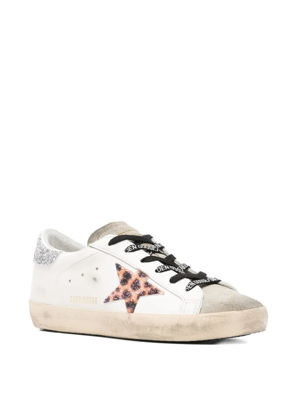 Golden Goose Super Star sneaker, white leather with leopard star, beige sole and glitter heel