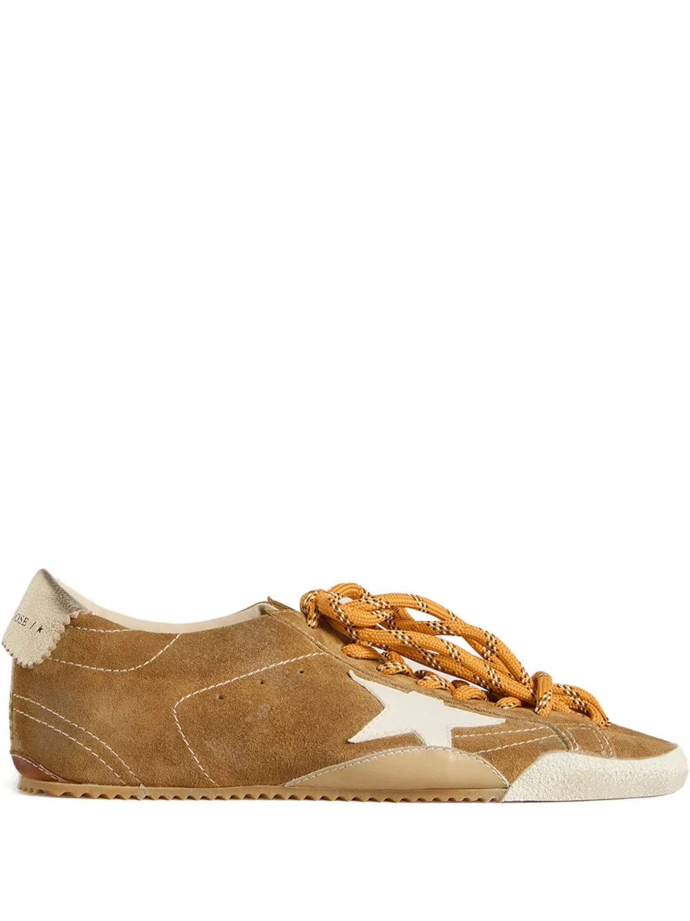 Brown suede low-top sneaker with white star patch and tan rubber sole