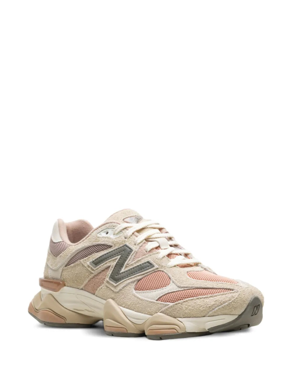 New Balance 9060 sneakers, lace-up beige/taupe with pink mesh overlays, angled front