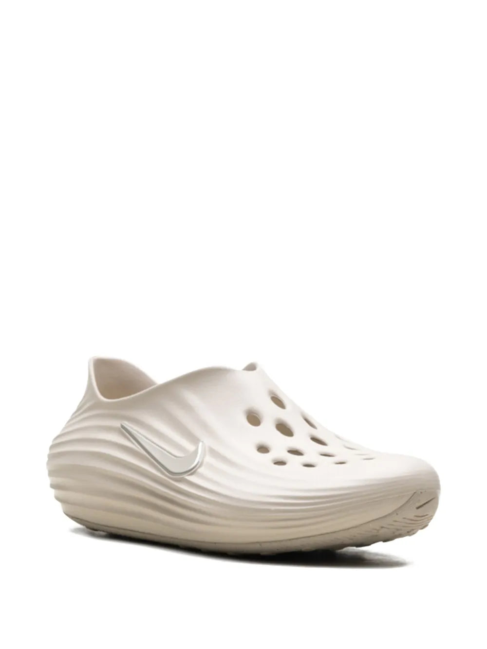 Nike Reactx Rejuven8 beige clog with perforated forefoot and Swoosh
