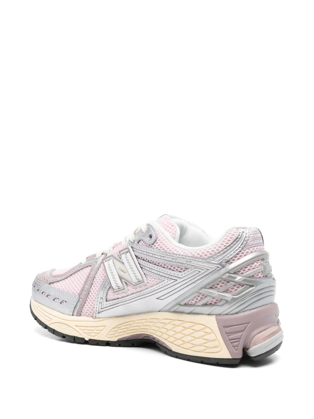 Light pink and gray New Balance sneakers with rear panel and beige midsole