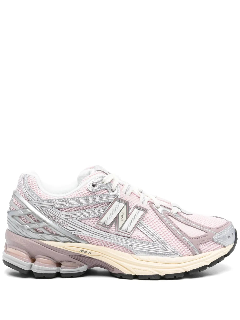 New Balance 1906R pink/gray mesh running sneaker, lace-up with N logo overlays.