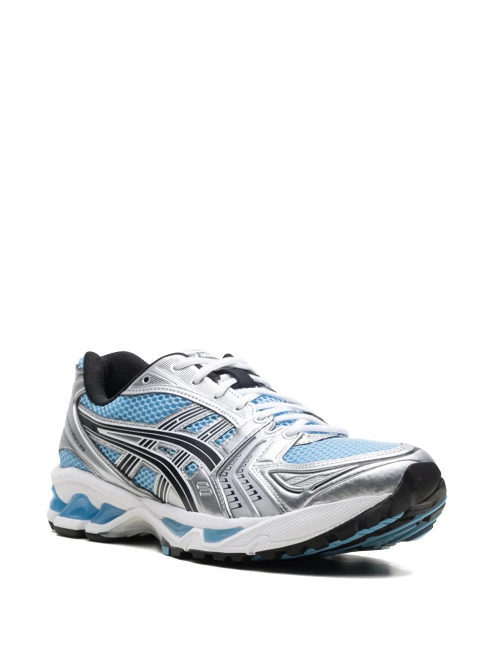 ASICS Gel-Kayano 14 running shoe, silver/blue upper with white laces, side view