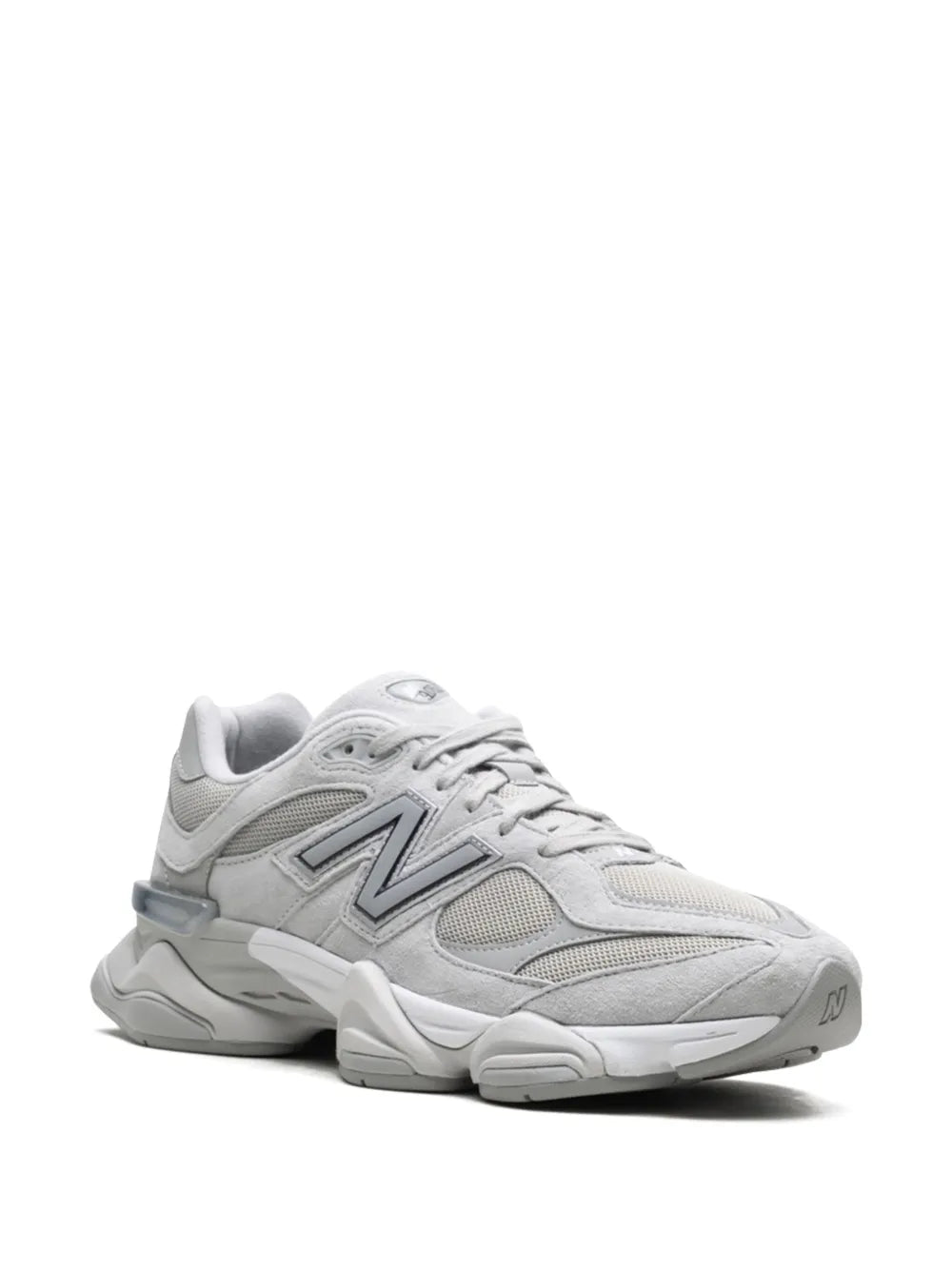 Grey New Balance running sneaker, side view with N logo and mesh upper