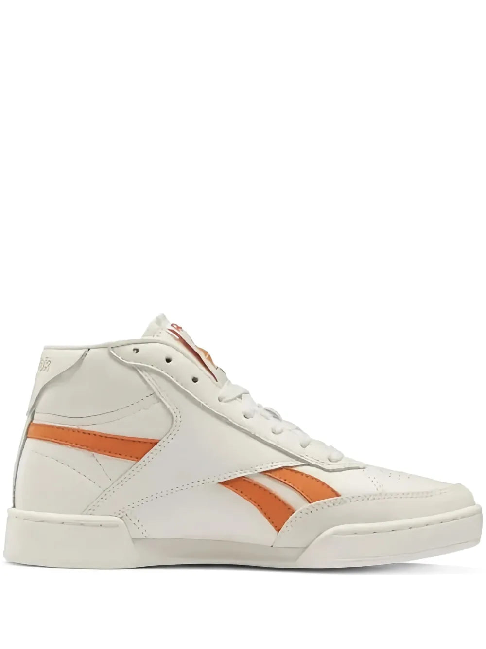 White high-top lace-up sneakers with orange stripes and perforated toe
