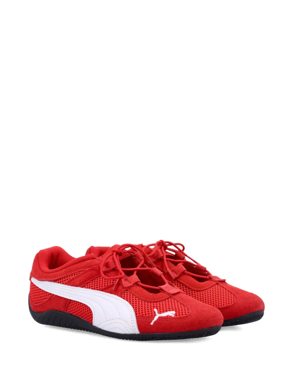 Red mesh lace-up sneaker angled view, white side stripe, PUMA logo on quarter