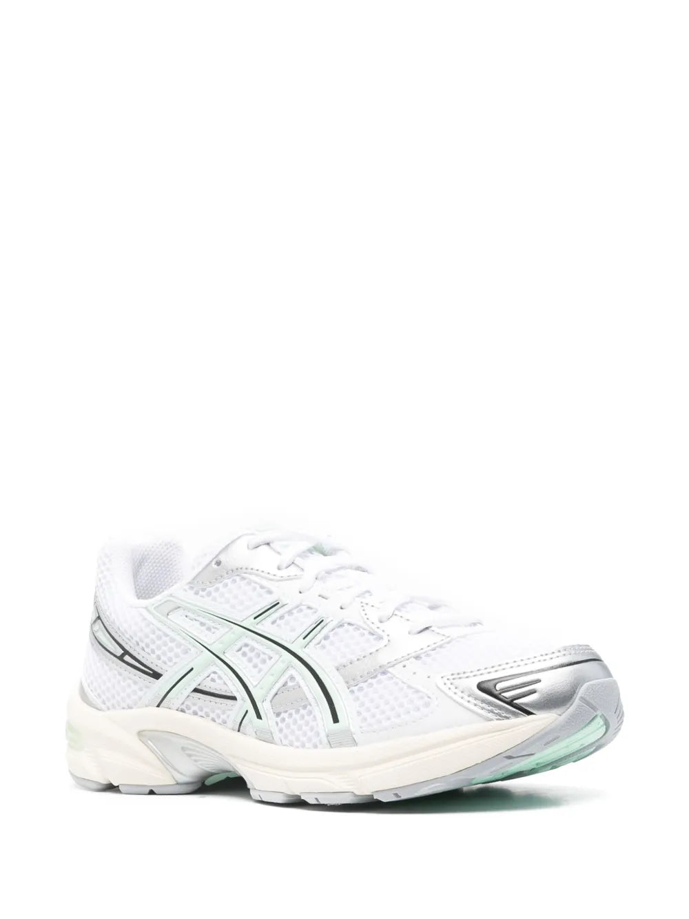 White lace-up sneakers with mint trim and molded heel panel.