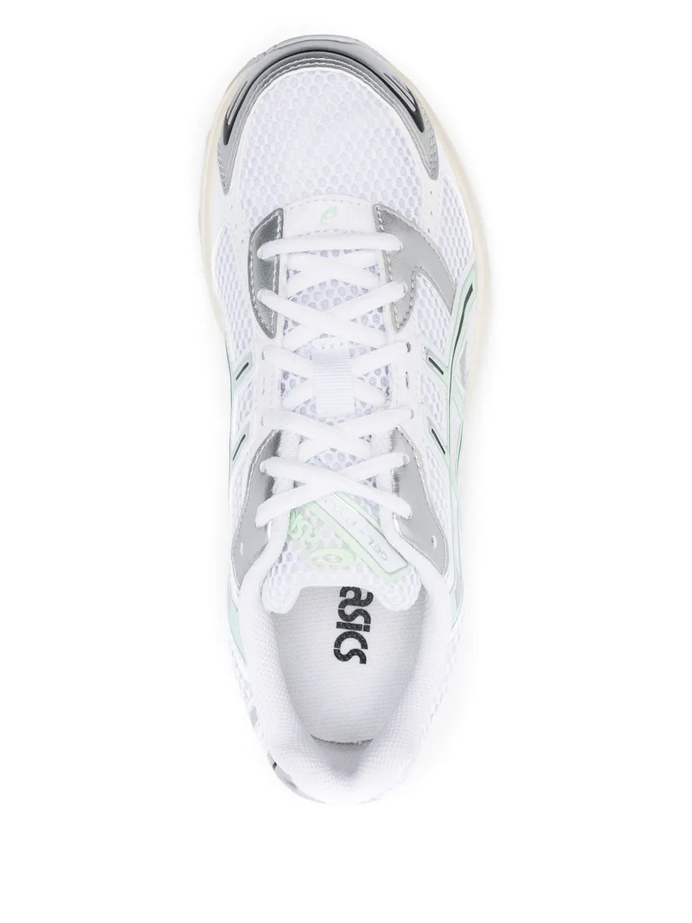 White sneakers with Asics logo on heel lining and mesh upper.