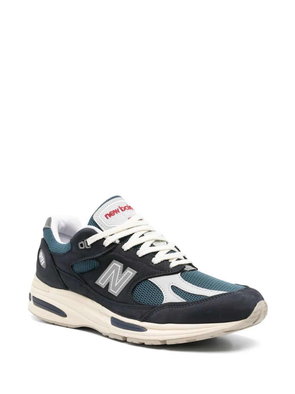 New Balance 991 V2 sneakers, navy and light blue with white laces and N logo