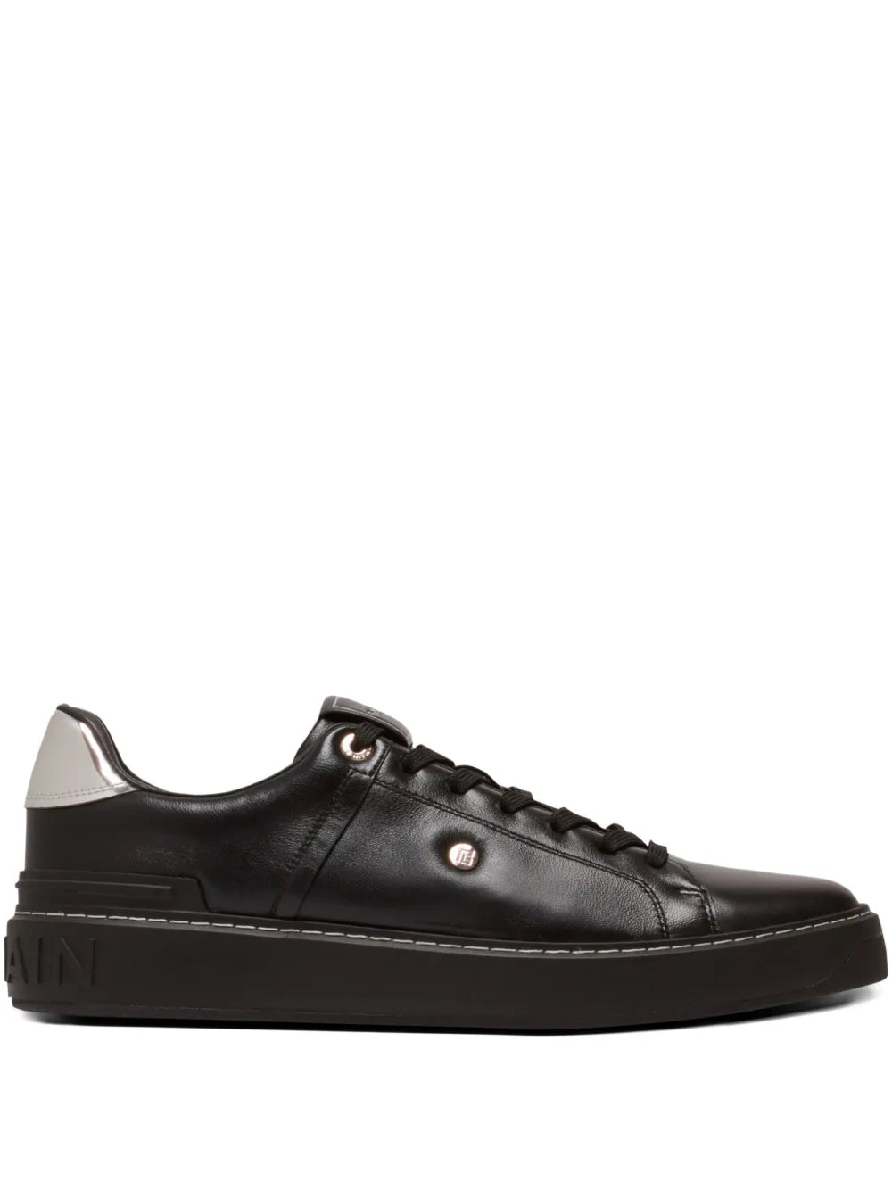 Balmain B-Court sneakers, black leather with lace-up design and side logo tab