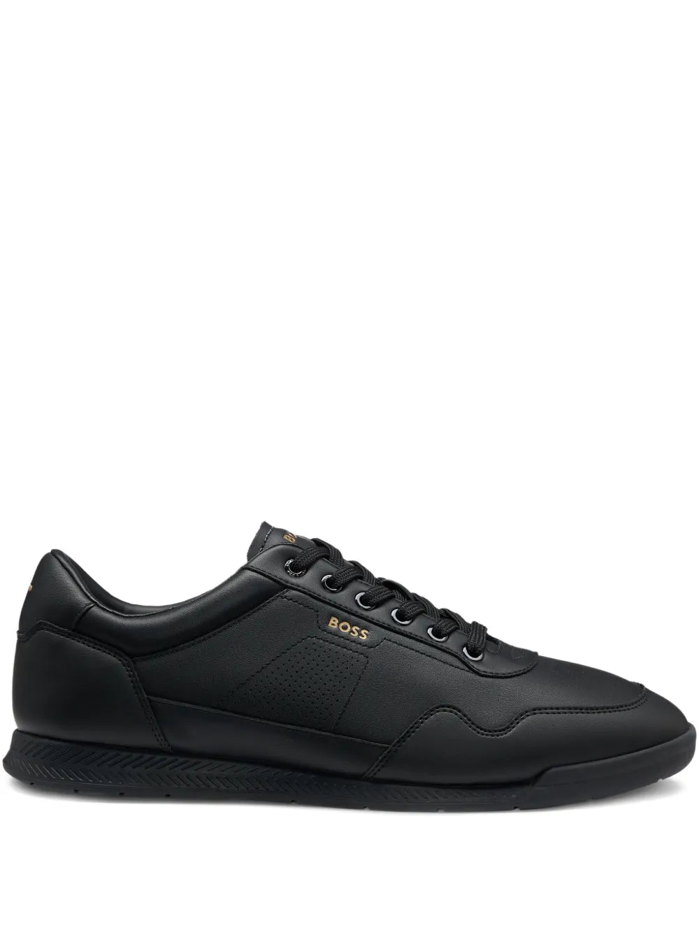 Black leather lace-up sneakers with logo-stamp detail on the side