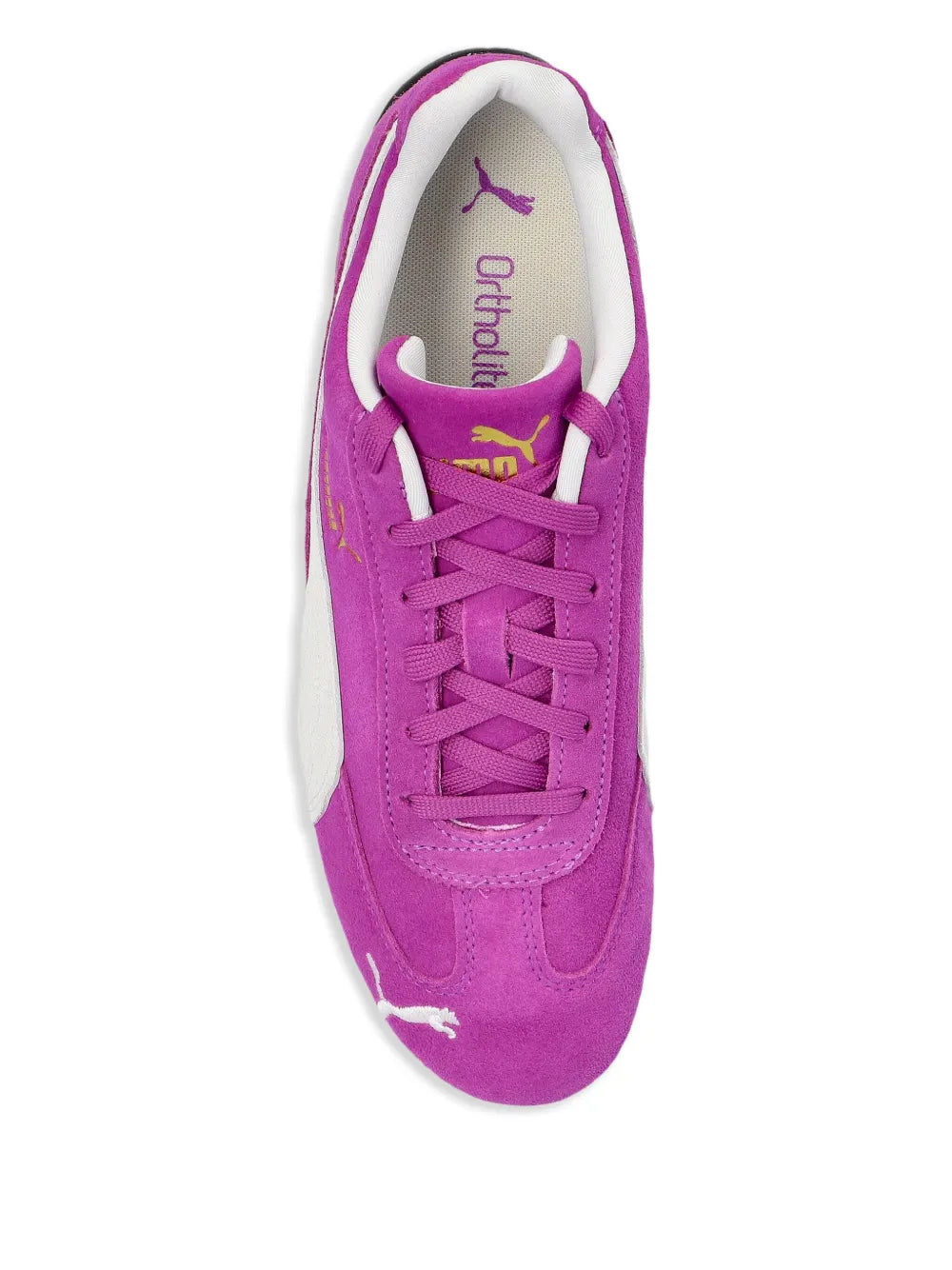 Purple suede sneaker with lace-up front and white interior lining