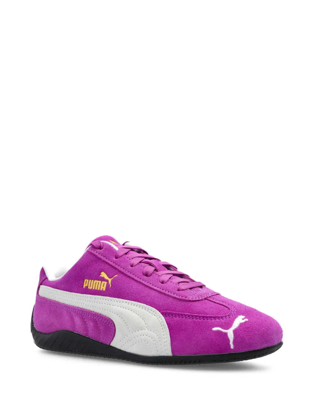 Purple low-top sneaker with white side band and lace-up closure