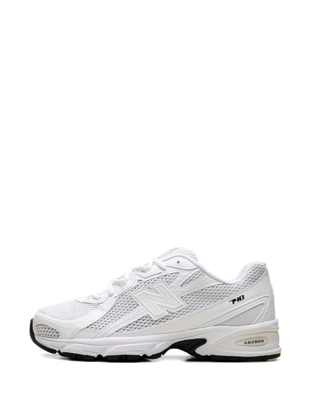 White New Balance 740 sneakers, front/side view with ABZORB heel unit
